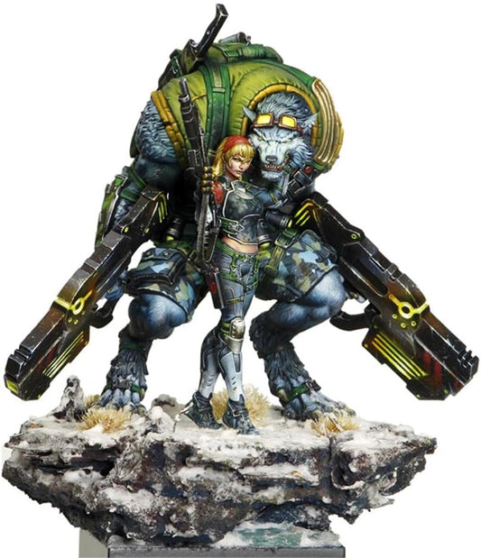 35mm 1/56 Infinity Miniature Woman Warrior and Wolf Stand Statue White Sculpture Resin Figure | Infinity Unpainted Unassembled Model Kit